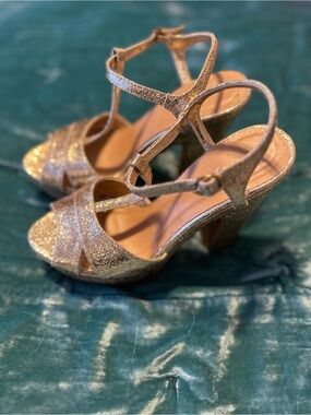 BAMBOO Gold Glitter T-Strap Platform Heels